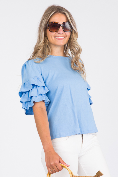 Triple Ruffle Knit Top, Baby Blue