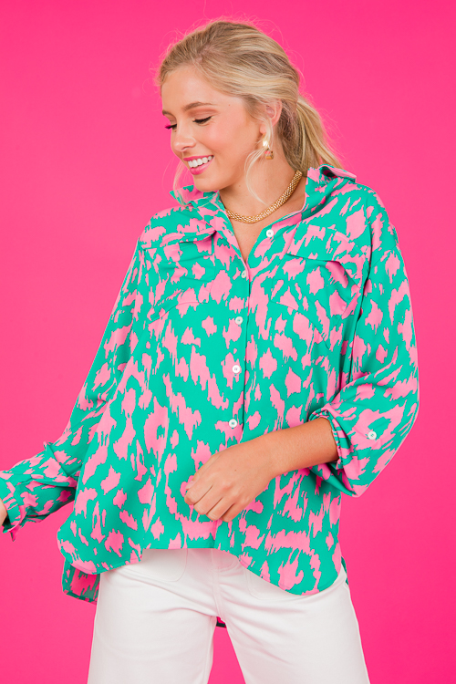 Abstract Button Down, Emerald Multi