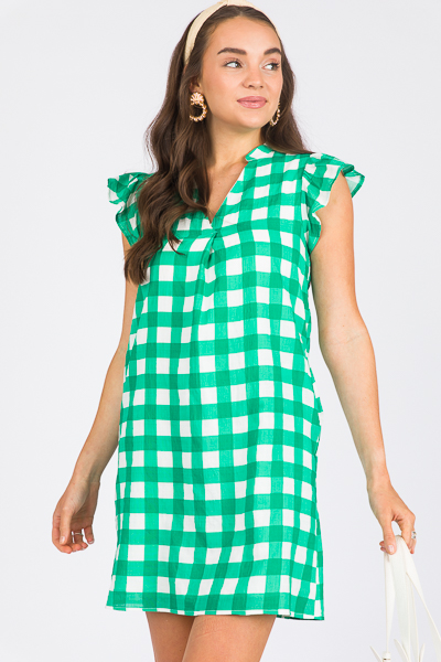 Checkered Flutter Dress, Green