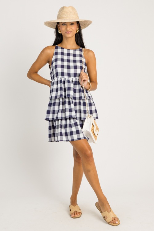 Gingham Ruffle Tier Dress, Navy