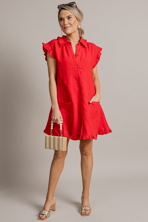 Ruffled Linen Shirt Dress, Red