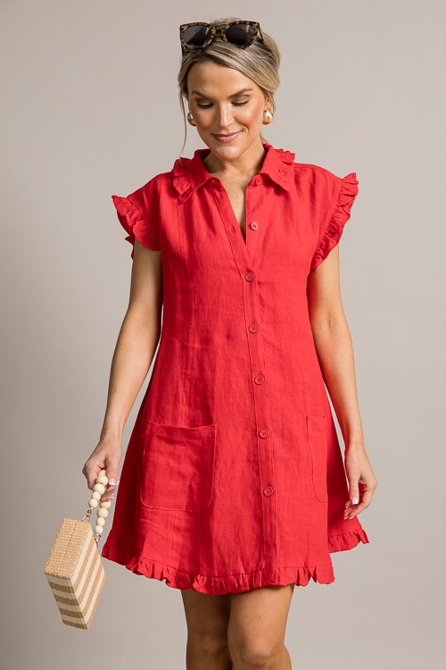 Ruffled Linen Shirt Dress, Red - 0624-67.jpg