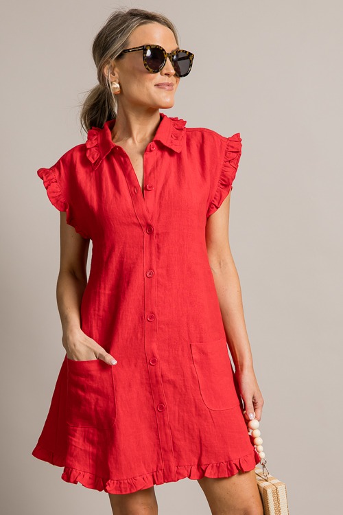 Ruffled Linen Shirt Dress, Red - 0624-71.jpg