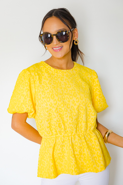 Leopard Texture Peplum Top, Yellow