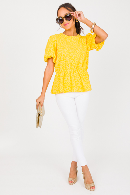 Leopard Texture Peplum Top, Yellow