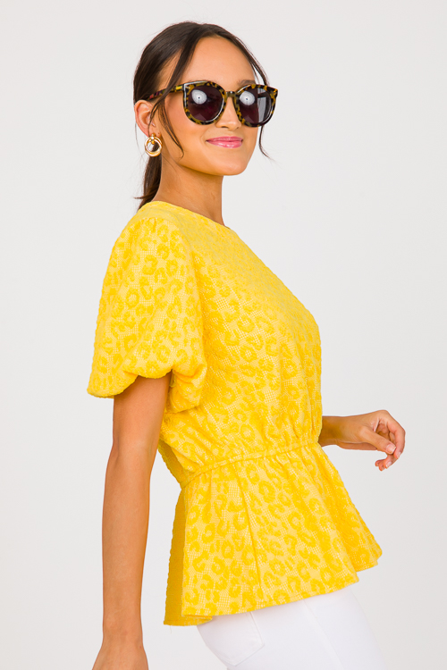 Leopard Texture Peplum Top, Yellow