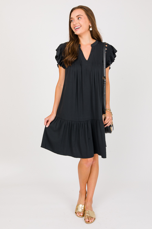 Cut Out Pintuck Dress, Black