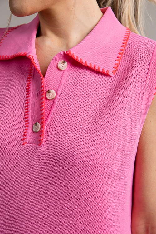 Stitch Contrast Polo Dress, Pink - 0626-64h.jpg