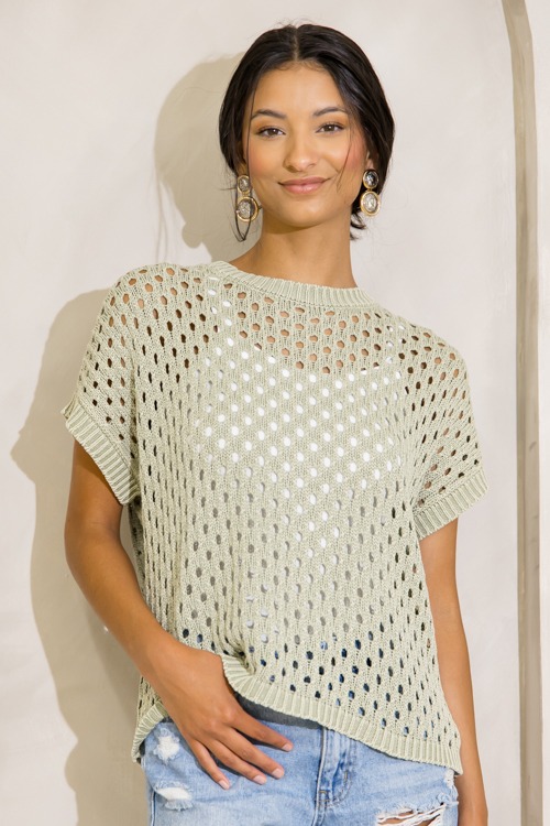 Crochet Open Knit Sweater, Green