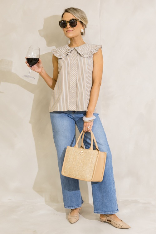 Ruffle Collar Stripe Top, Tan
