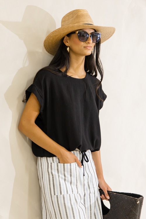 Linen Draw Hem Top, Black