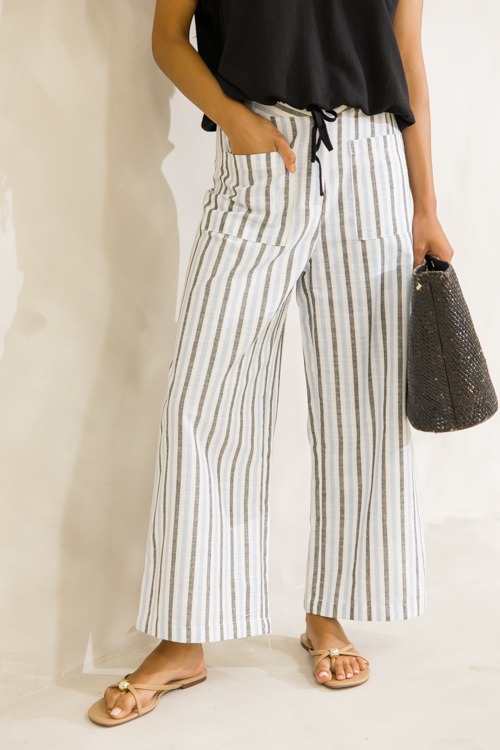 Striped Linen Pocket Pants, Blue