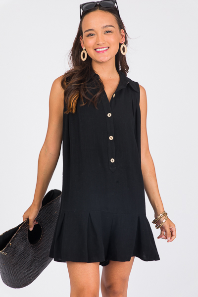 Loose Linen Button Romper, Blk