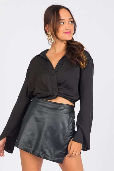 Mini Wrap Skirt, Black Leather