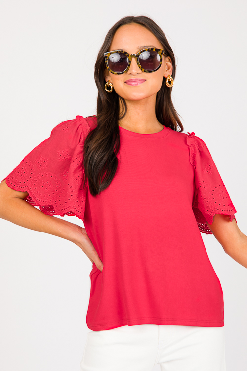 Eyelet Sleeve Rib Top, Tomato Red