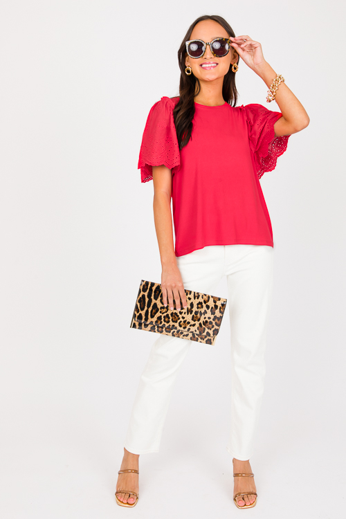 Eyelet Sleeve Rib Top, Tomato Red