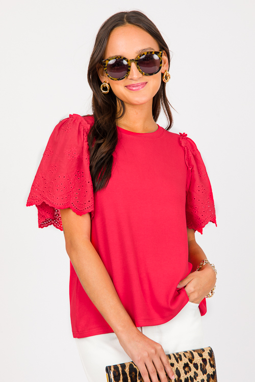 Eyelet Sleeve Rib Top, Tomato Red