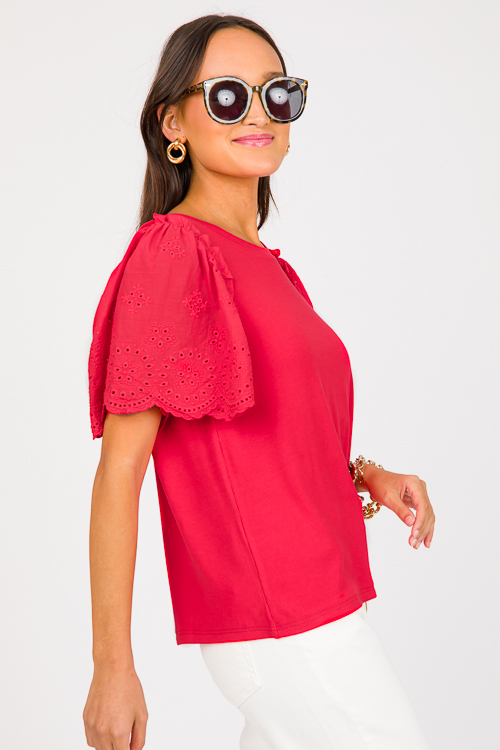 Eyelet Sleeve Rib Top, Tomato Red