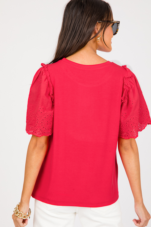 Eyelet Sleeve Rib Top, Tomato Red