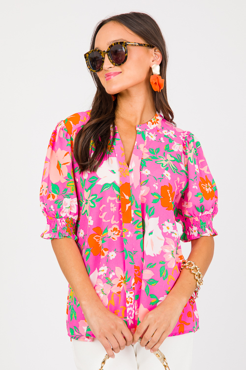 Pleat Center Floral Top, Neon Pink