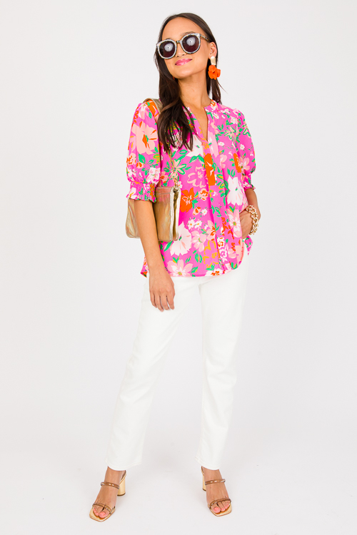 Pleat Center Floral Top, Neon Pink