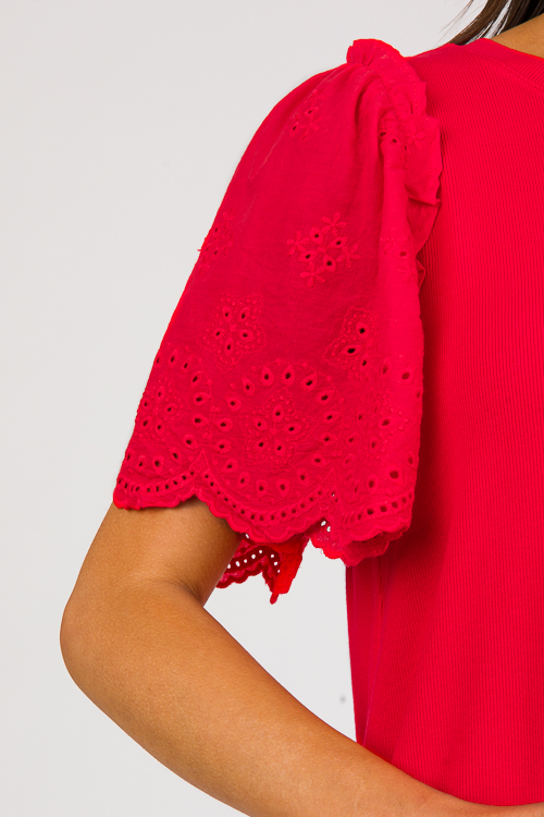 Eyelet Sleeve Rib Top, Tomato Red