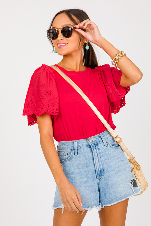 Eyelet Sleeve Rib Top, Tomato Red