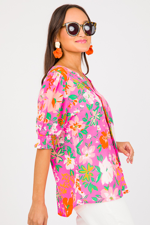 Pleat Center Floral Top, Neon Pink