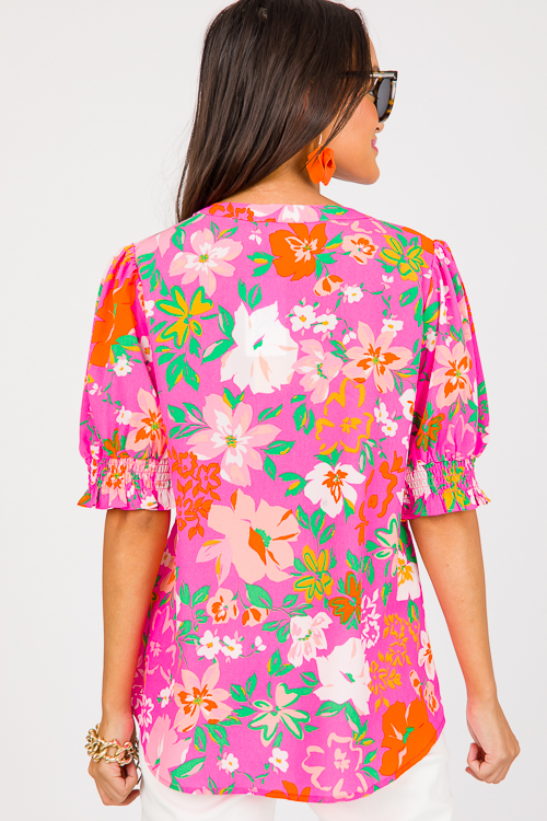 Pleat Center Floral Top, Neon Pink
