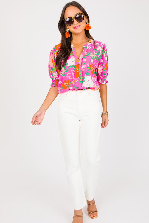Pleat Center Floral Top, Neon Pink