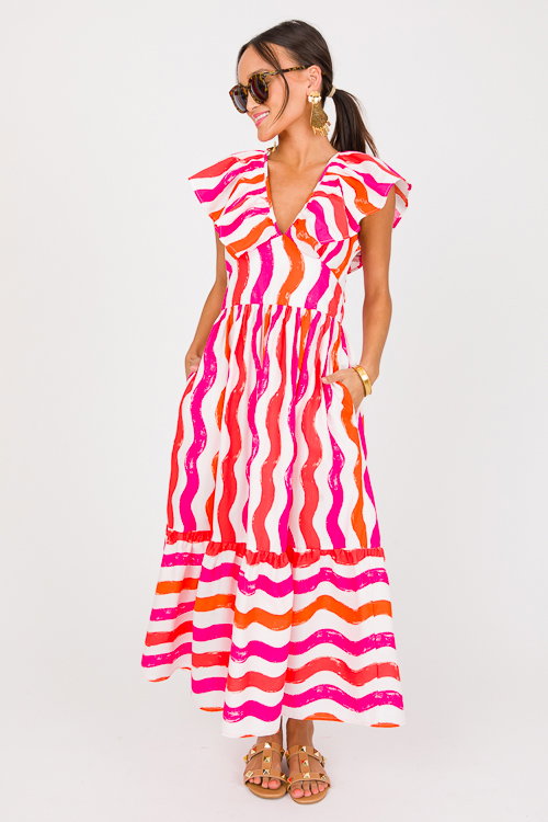 chinese dress ladies Aster Midi Dress-Pink & Orange Stripe M