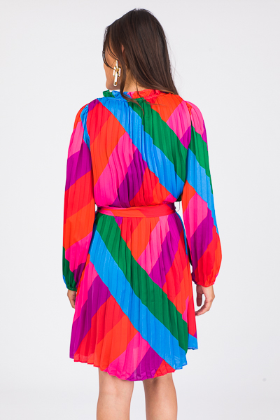 Pleated Rainbow Belted Dress