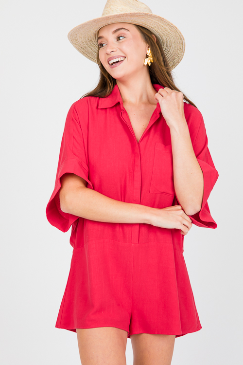 Oversize Linen Romper, Red