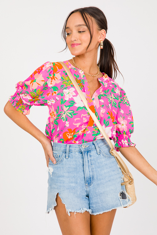 Pleat Center Floral Top, Neon Pink