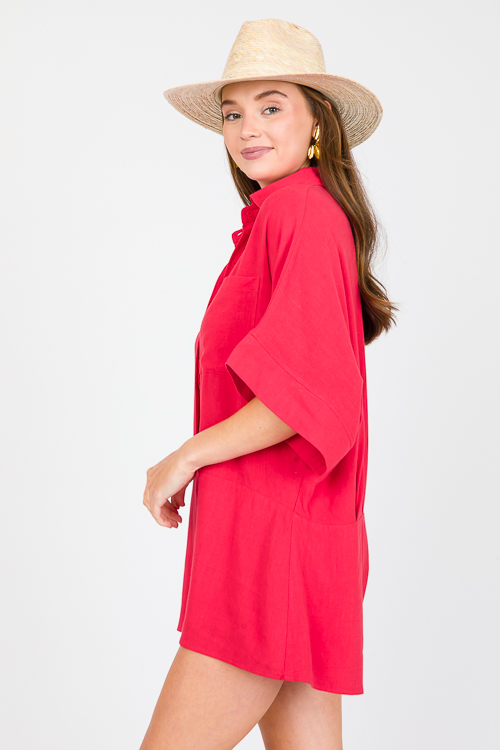 Oversize Linen Romper, Red