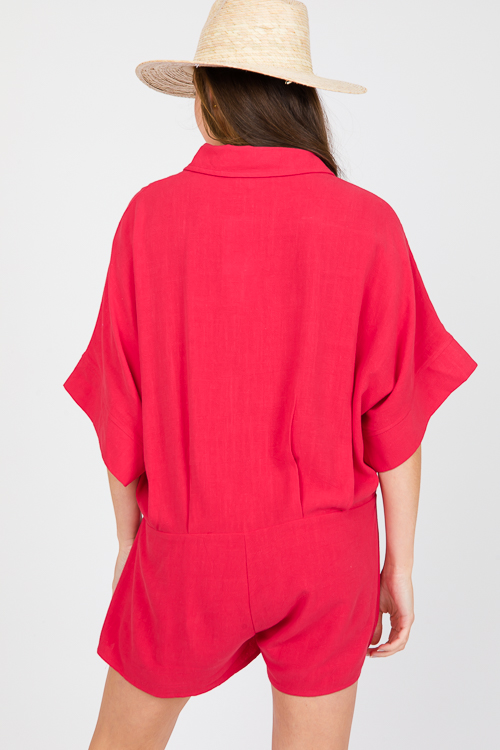 Oversize Linen Romper, Red