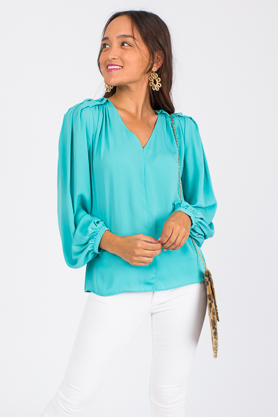 Tucked Shoulders Blouse, Aqua