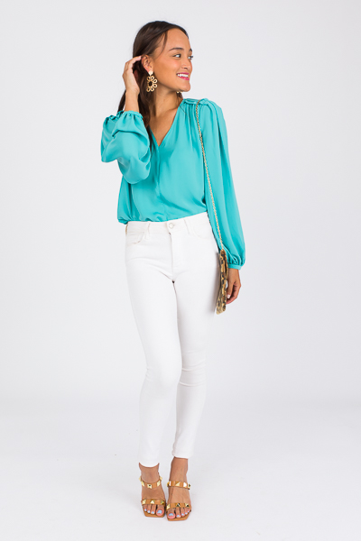 Tucked Shoulders Blouse, Aqua