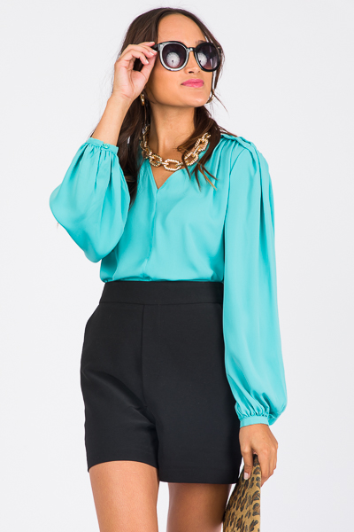 Tucked Shoulders Blouse, Aqua
