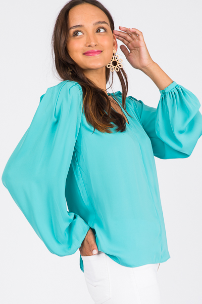 Tucked Shoulders Blouse, Aqua