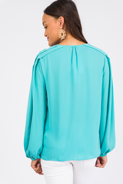Tucked Shoulders Blouse, Aqua