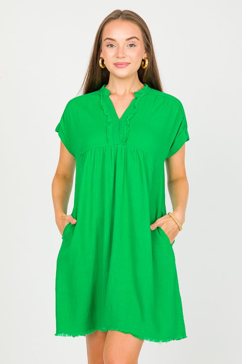 Linen Fray Trim Dress, Grass