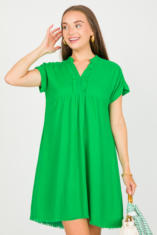 Linen Fray Trim Dress, Grass