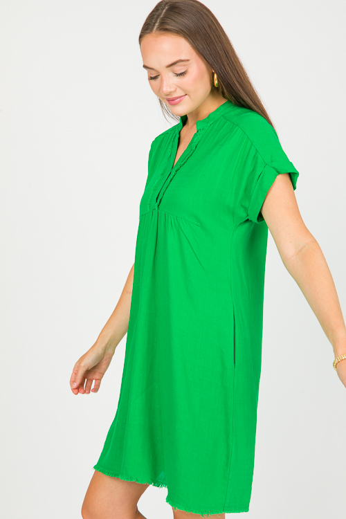 Linen Fray Trim Dress, Grass
