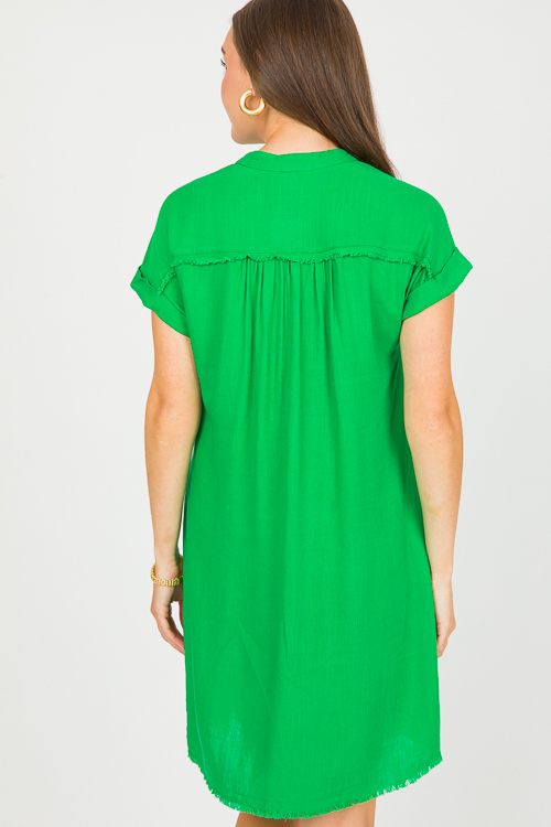 Linen Fray Trim Dress, Grass