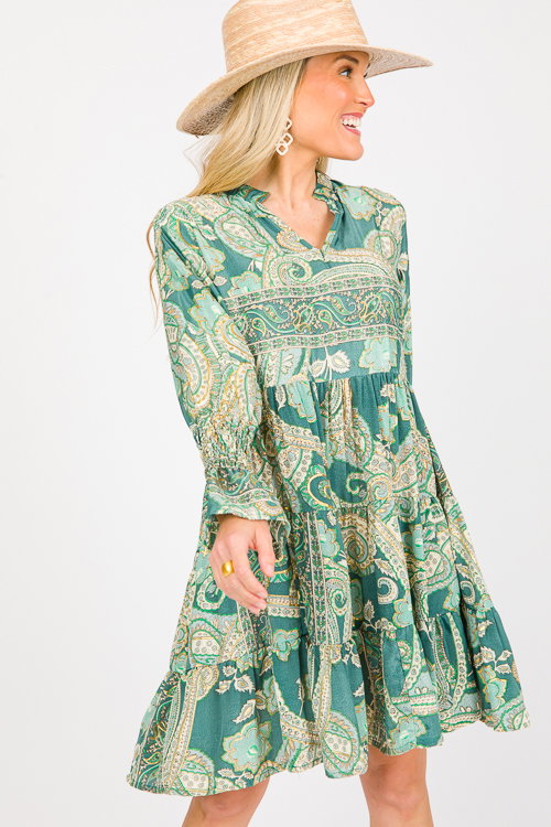 Paisley Foil Dress, Green - Dresses - The Blue Door Boutique