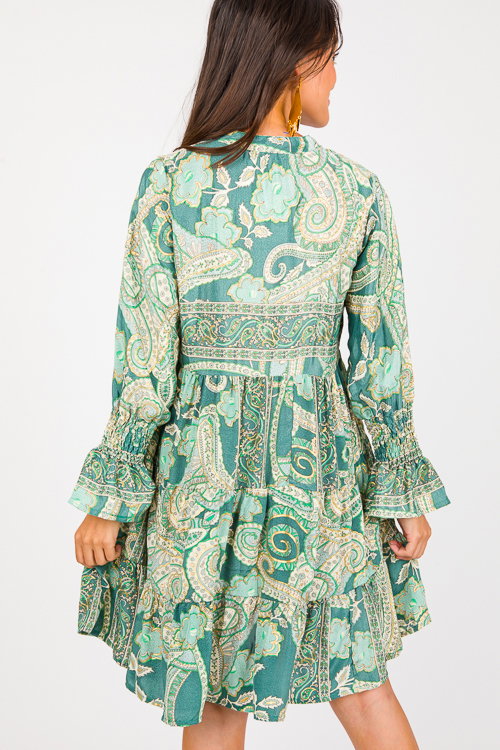 Paisley Foil Dress, Green - Dresses - The Blue Door Boutique