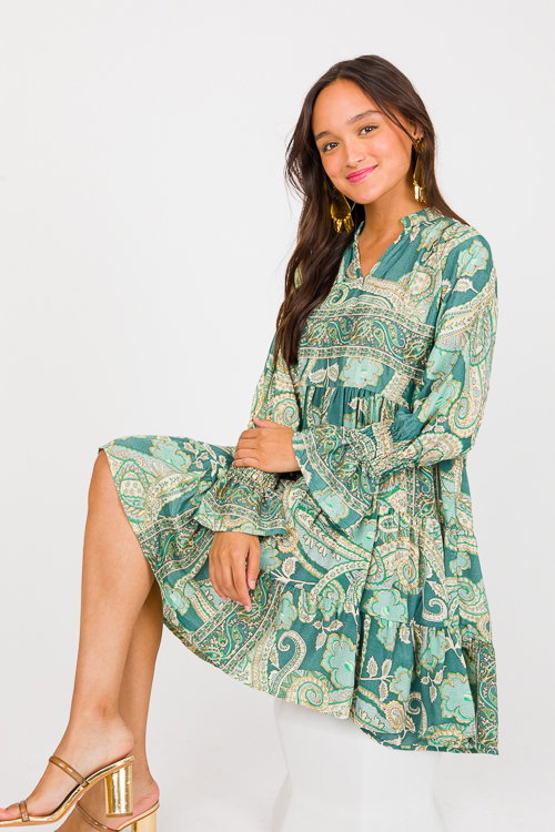 Paisley Foil Dress, Green