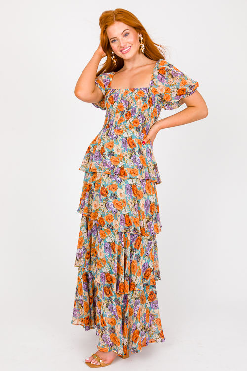 Ruffle Layer Floral Maxi, Slate