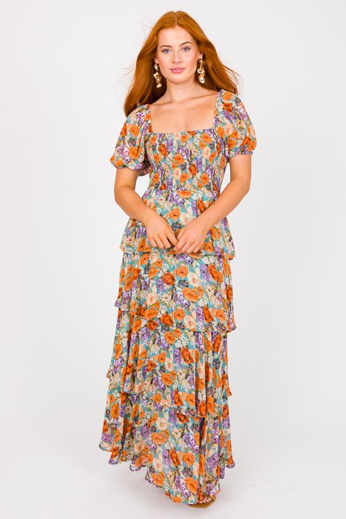Ruffle Layer Floral Maxi, Slate